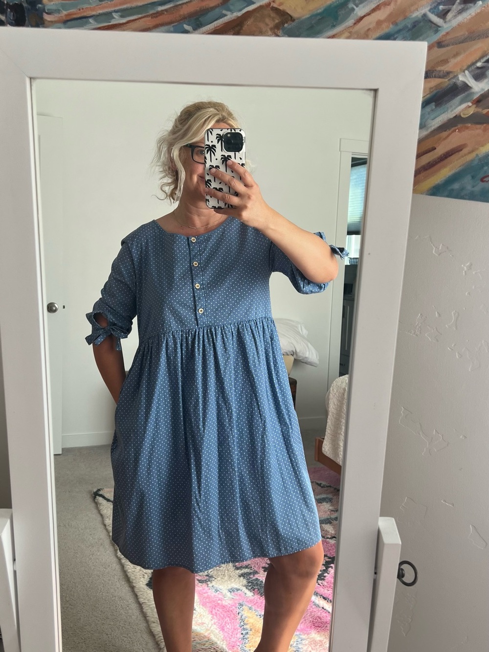 Women's Blue Polka Dot Midi Babydoll Dress